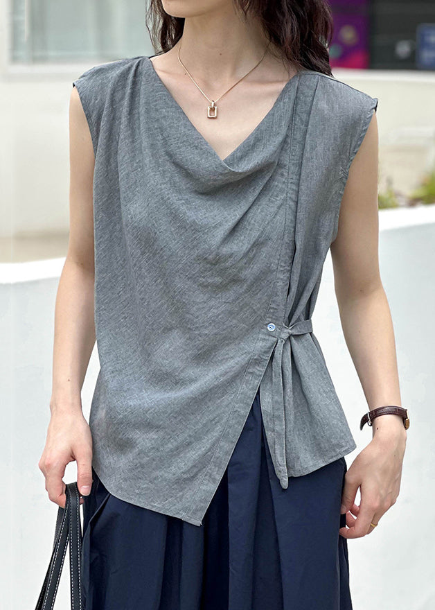 New Grey Asymmetrical Button Cotton Top Summer AF1039 HS-STP240914