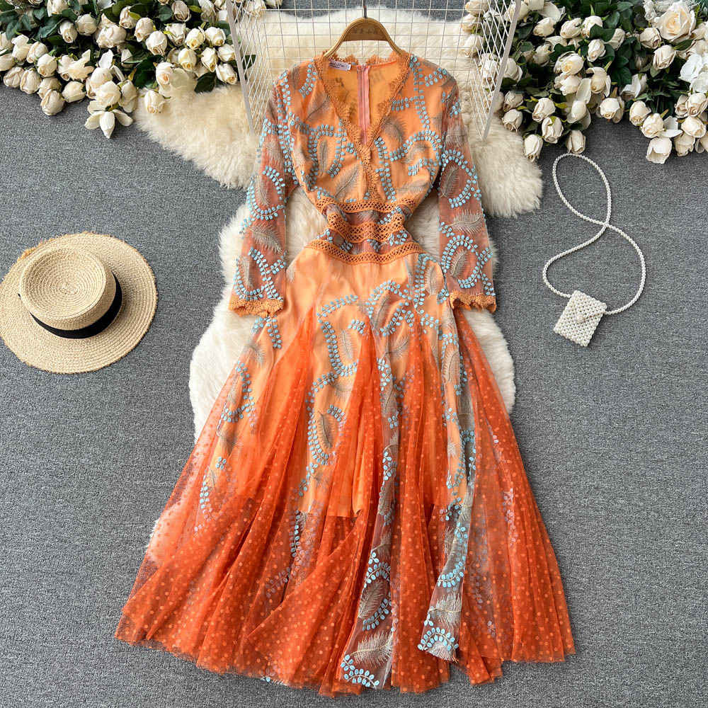 Italian Orange V-Neck Embroidery Tulle Long Sleeve Dress AR1005 shopify