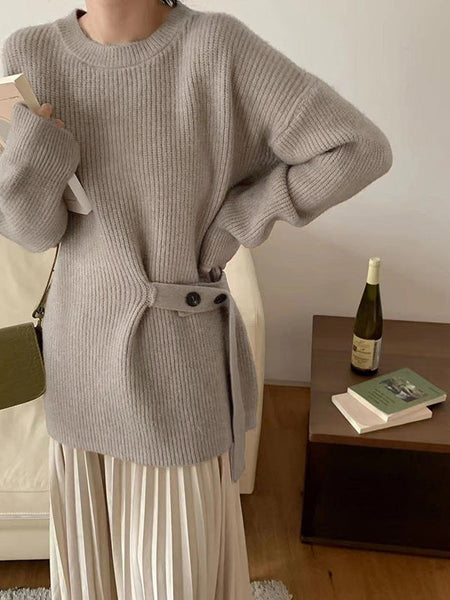 Chic Green Round-Neck Bandage Long Sleeve Knit Sweater AN1036 Genistyle Shop