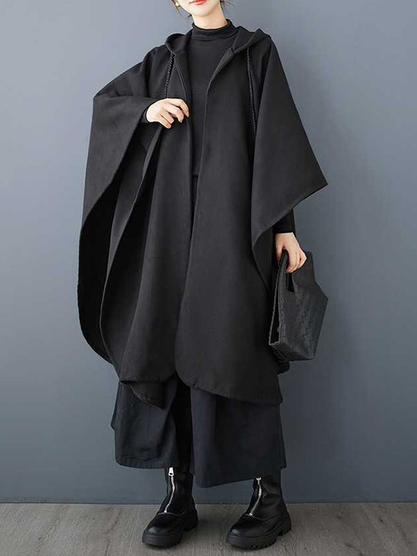 Stylish Black Hooded Drawstring Tasseled Pockets Zip-up Batwing Sleeve Trench Coat TW007 ABC