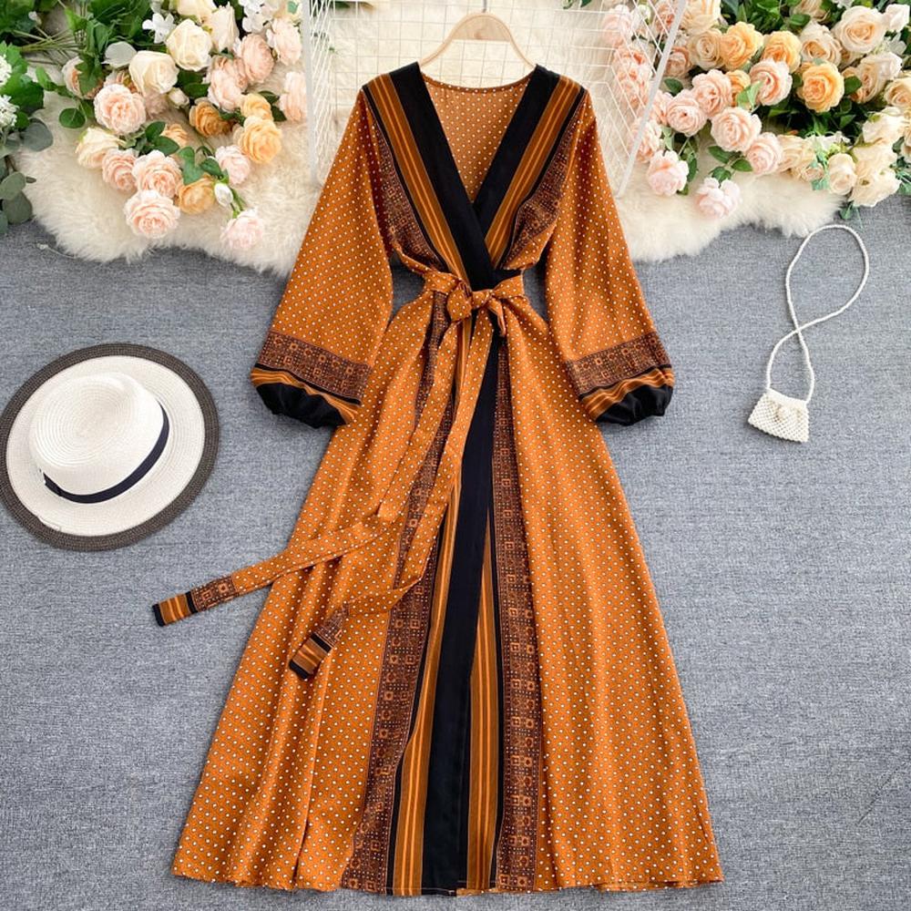 Vintage Brown V-neck Tie Waist Printed Long Puff Sleeve Dress AR1003 shopify