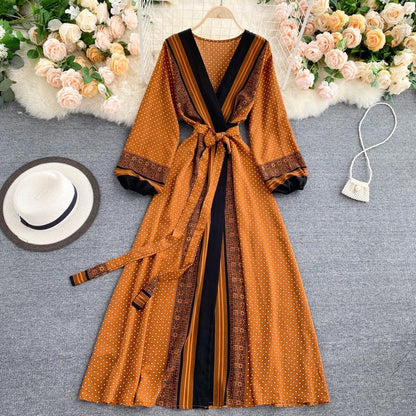 Vintage Brown V-neck Tie Waist Printed Long Puff Sleeve Dress AR1003 shopify