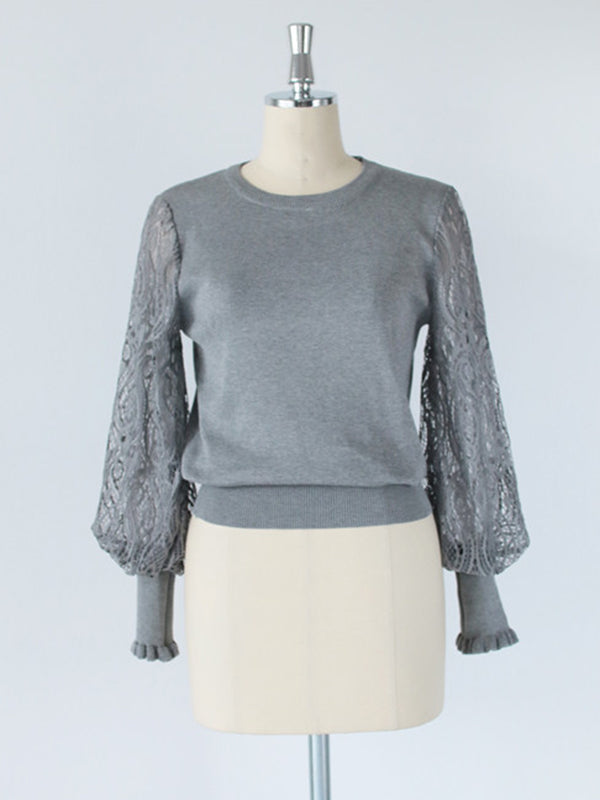 Tempermant Black Round-Neck Patchwork Hollow Lace Long Puff Sleeves Sweater QX011 shopify