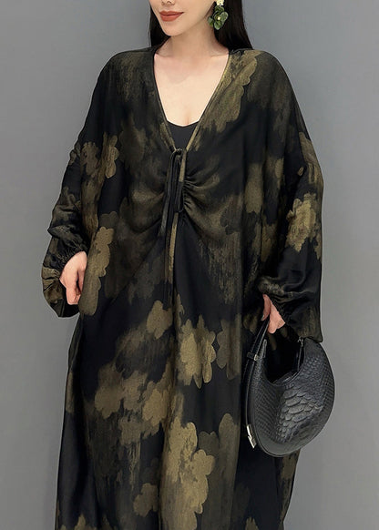 Plus Size Black V Neck Print Holiday Maxi Dress Long Sleeve AO1068 JDML-FDL240909