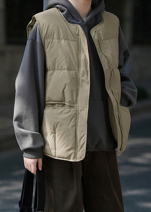 Women Khaki Green Zip Up Pockets Patchwork Duck Down Vest Sleeveless WD011 HS-VTP241103