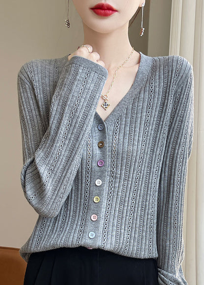 Women Grey V Neck Button Hollow Out Knit Top Fall QC045 shopify