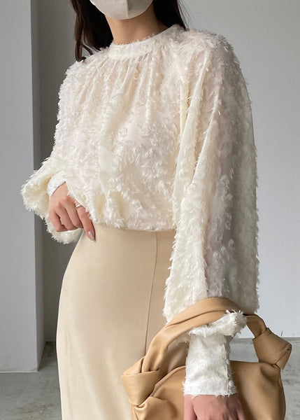 Sleeve Shirt Lantern Classy Chiffon Tasseled Beige Top FashionChic