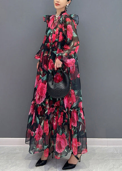 Beautiful Red Tie Lace Print Chiffon Maxi Dresses Fall AO1044 JDML-FDL240909