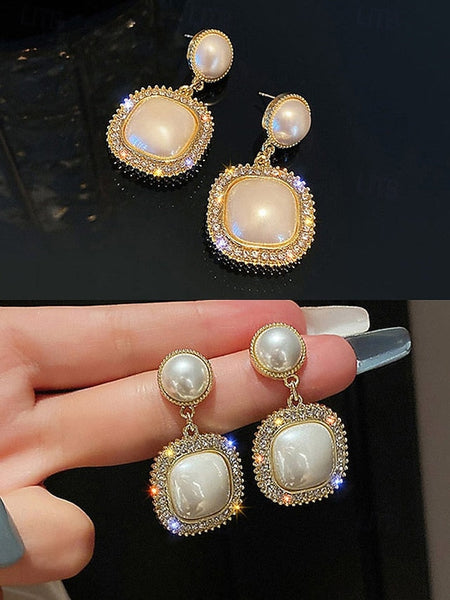 Elegant Gold-Plated Rhinestone Detailing Pearl Earrings with – FashionChic