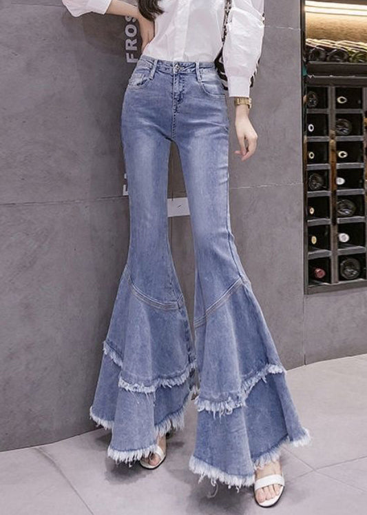 Denim Spring Stylish Tasseled Flared Patchwork Trousers Blue FashionChic