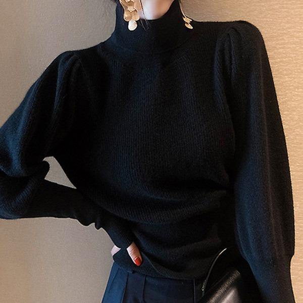 Elegant Black Turtleneck Long Puff Sleeve Knit Sweater TW001 ABC