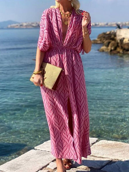 Women's Geometric V Neck Maxi Dress Half Sleeve Summer