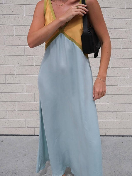 Women's Casual Dress Satin Dress Color Block Backless V