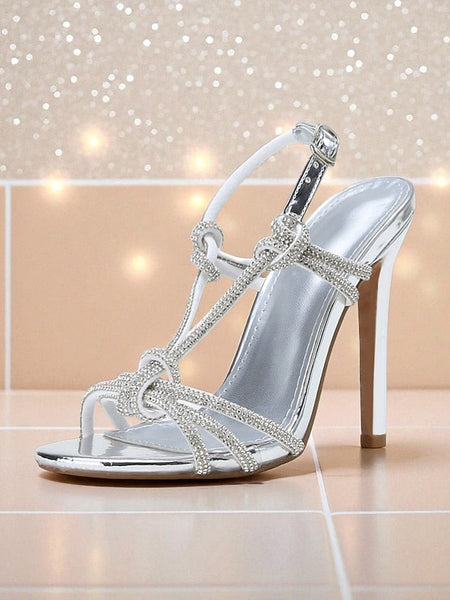 Toe Heels Stiletto with Rhinestone Women's Square Strappy FashionChic