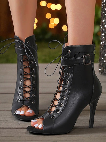 Heel Black Booties Stiletto Toe High - Women's Peep Lace-Up FashionChic