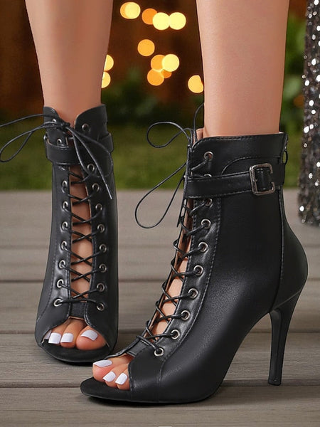 Heel Black Booties Stiletto Toe High - Women's Peep Lace-Up FashionChic