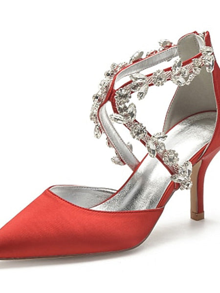 Heels Elegant Women's Satin White Crystal – Strap Pointed FashionChic