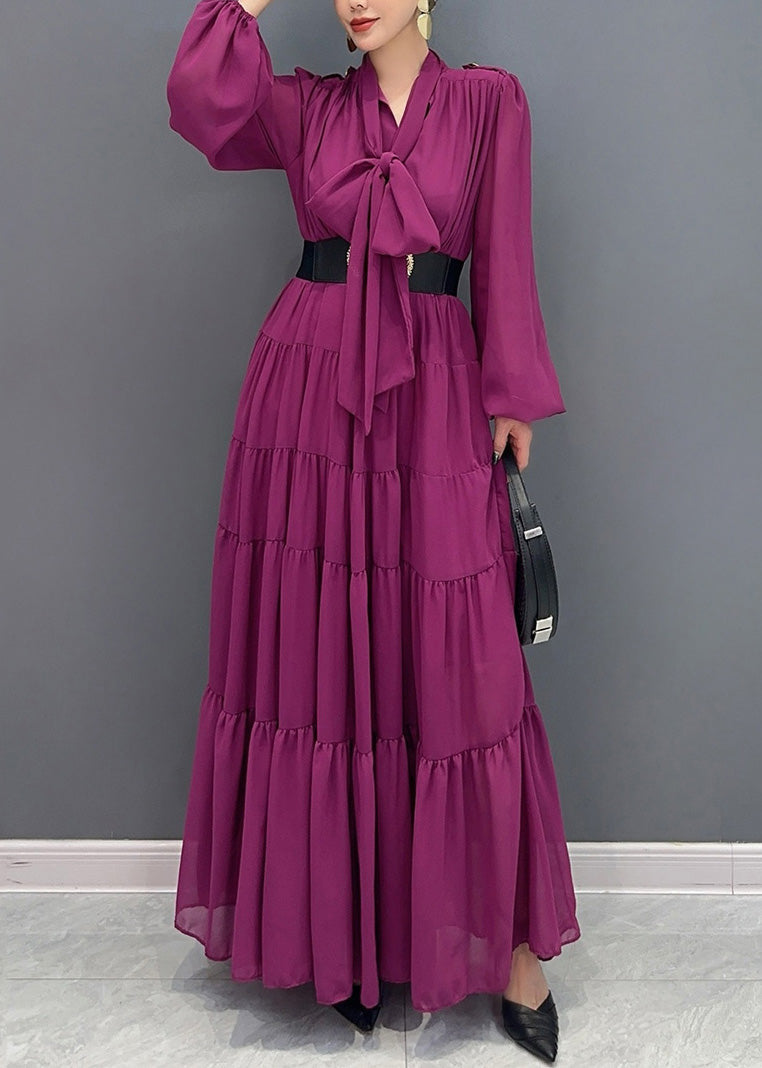 Chic Purple V Neck Patchwork Party Chiffon Long Dress Fall AO1040 JDML-FDL240909