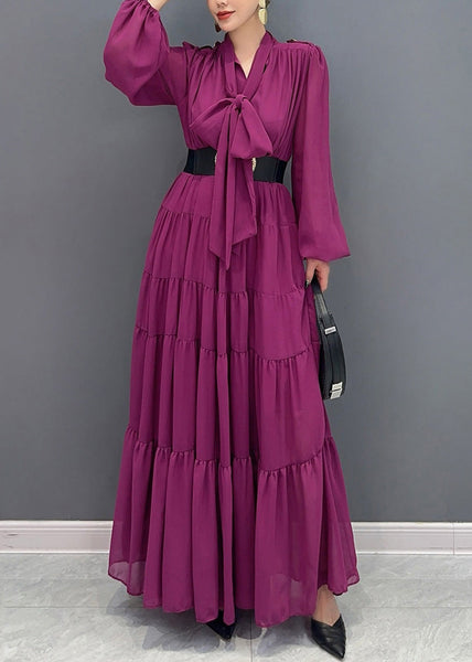 Chic Purple V Neck Patchwork Party Chiffon Long Dress Fall AO1040 JDML-FDL240909