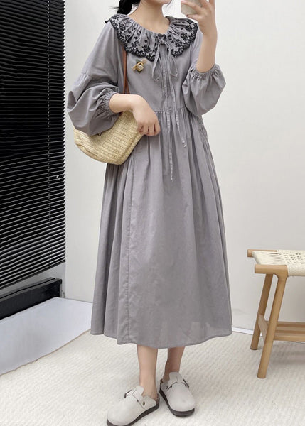 Grey Button Wrinkled Cotton Dresses Embroidered Long Sleeve NN004 shopify
