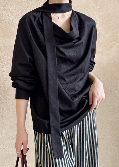 Black Solid Loose Cotton Shirt Bow Long Sleeve AF1057 HS-LTP240914