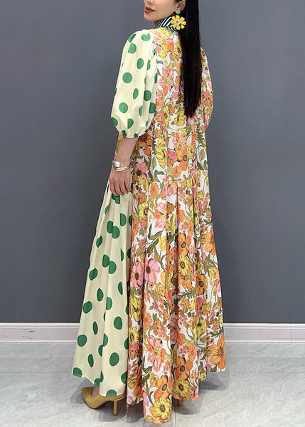 Style Green Peter Pan Collar Print Cotton Long Dress Summer AO1049 JDML-SDL240909