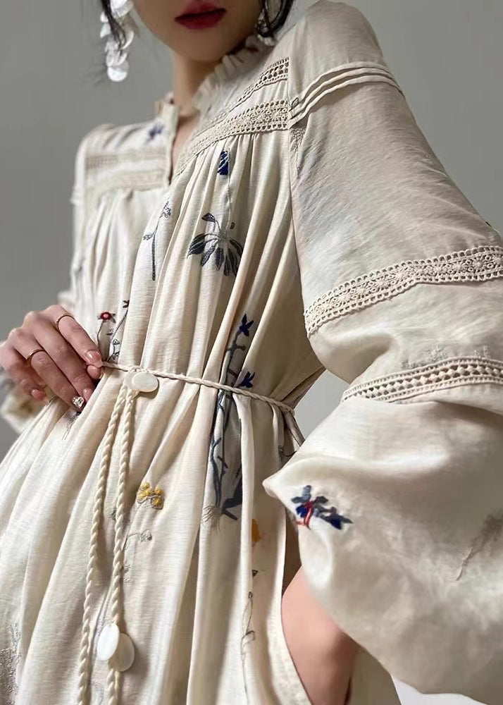 Loose Beige Embroidered Ruffled Pockets Linen Dress Long Sleeve AJ1033 shopify