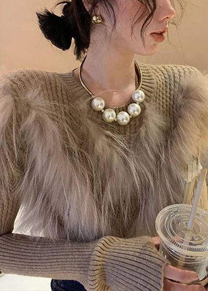 Art Khaki Leather And Fur Patchwork Knit Sweaters Winter QC014 shopify
