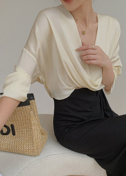 2024 New Chic Beige V Neck Chiffon Shirts Batwing Sleeve EE034 shopify