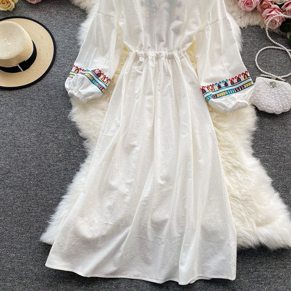 Ethnic Yellow Crew-neck Embroidery Raglan Long Puff Sleeve A-line Dress AR1006 shopify