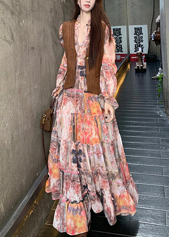 Dress Brown And Ruffled Suede Faux Elegant Waistcoat Two-Piece FashionChic