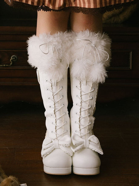 Top Boots Embellishments Lace+Zip System Bow - with Lolita Cuff Plush Knee-High White Sweet FashionChic
