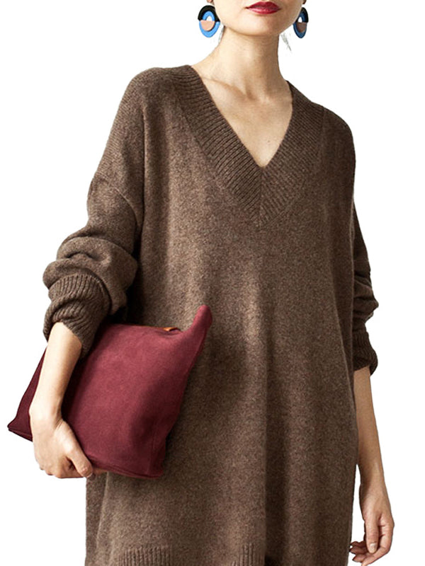 Stylish Loose Camel V-Neck Long Sleeve Sweater Dress QX006 shopify