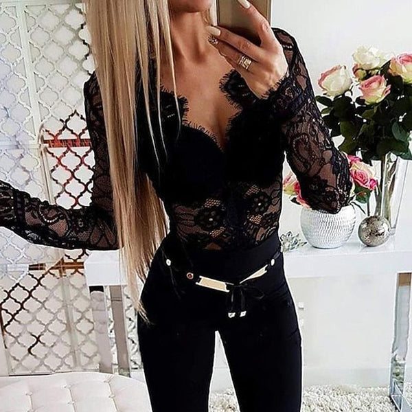 Women's Shirt Going Out Tops Bodysuit Blouse Black Plain FashionChic