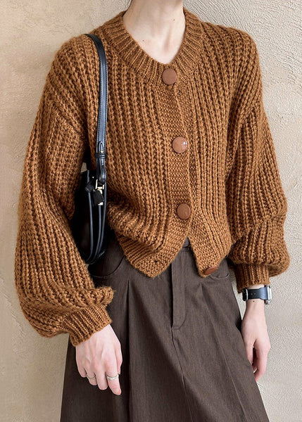 New Brown O Neck Hollow Out Cotton Knit Cardigan Fall AF1014 HS-NCT240914