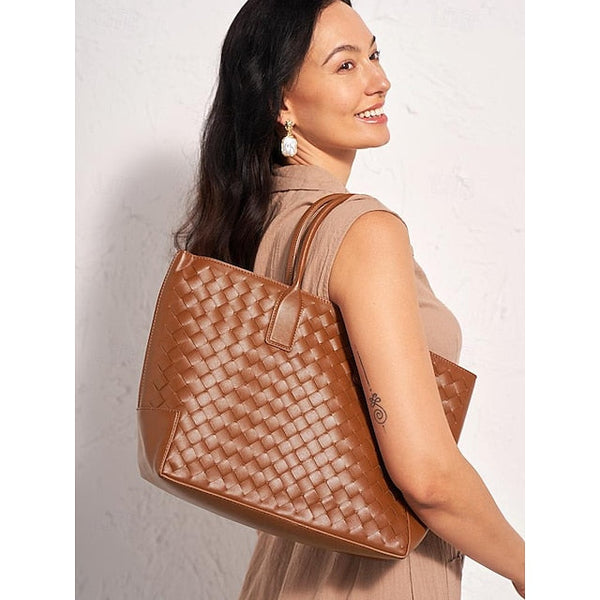 Woven Women's Stylish Brown and Leather Bag Tote – FashionChic