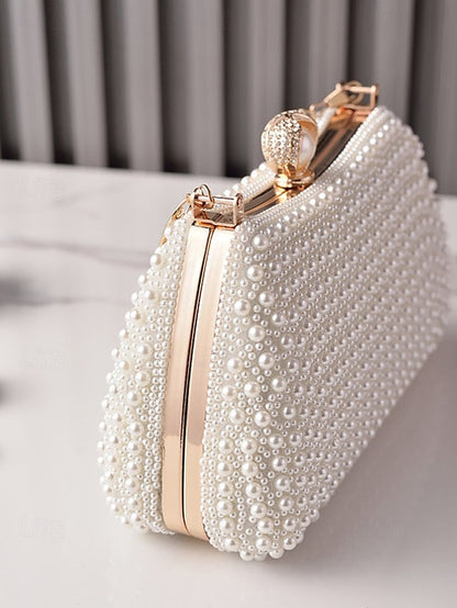 Pearl Handle Clutch Bag Beaded Gold with Evening Women's FashionChic