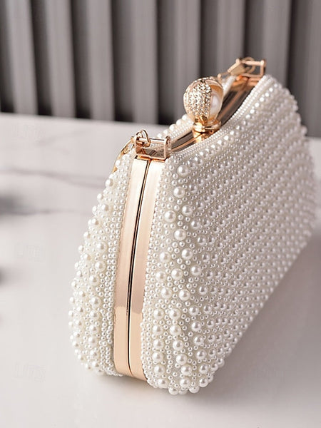 Pearl Handle Clutch Bag Beaded Gold with Evening Women's FashionChic