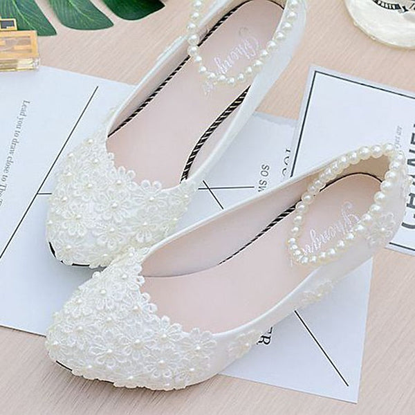 Lace Floral Women's White Wedding Pearl Heels – Decorated FashionChic