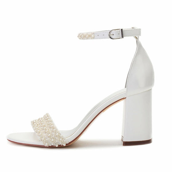Women's Ankle Embellished White Ivory Block Pearl Strap FashionChic