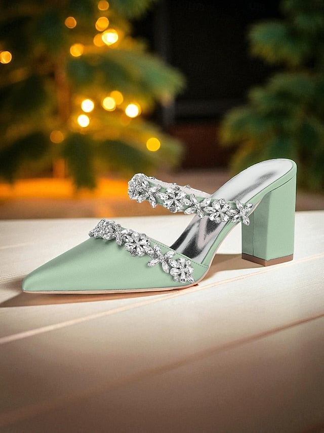 Floral Women's with Satin Block Heel Rhinestone Mules Black FashionChic