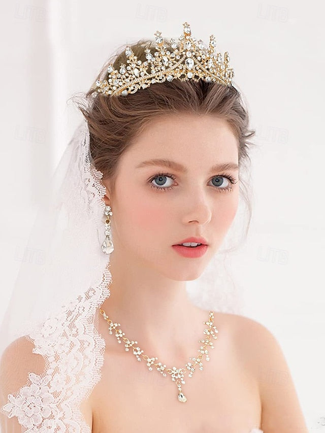 Crown Tiara and Necklace – Sparkling Diamond Set Gold-Plated FashionChic