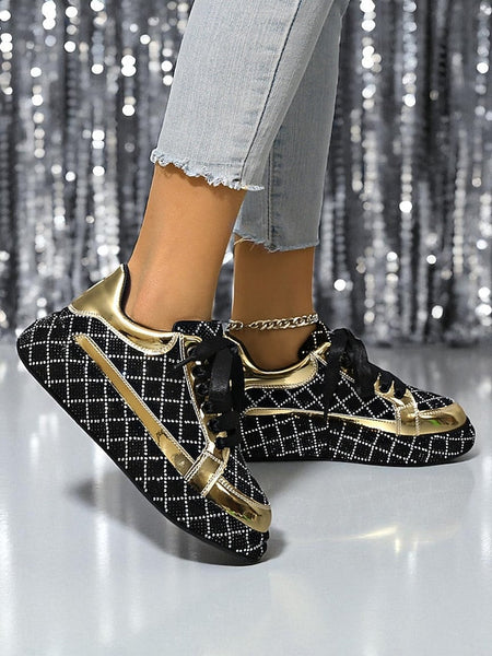 Silver Quilted Women's - Rhinestone Sneakers and Black FashionChic