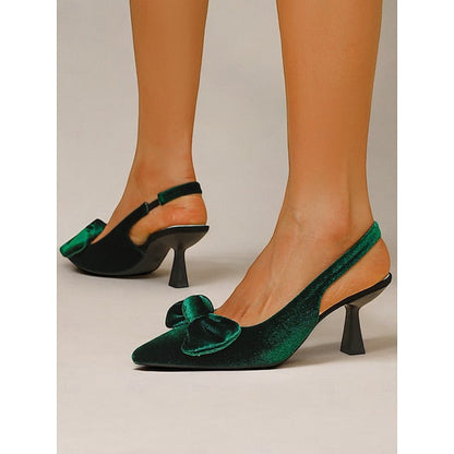 Bow Toe Blue with Heels Pointed Women's Slingback Velvet FashionChic