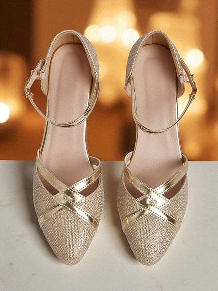 Ankle Elegant Strap Heel Pumps Gold Block Glitter Women's - FashionChic