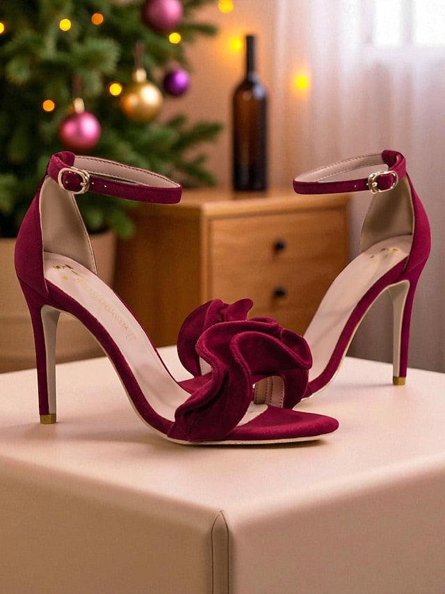 Strap Velvet - Sandals Elegant High Heel Ankle Red Women's FashionChic