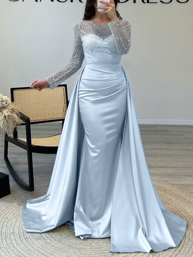 RuchedSatin Dress Sleeves Mermaid Gown Evening Sequin Long FashionChic
