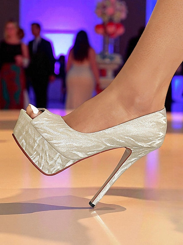 Silver Pattern Women's Heels Platform Subtle with Peep-Toe FashionChic