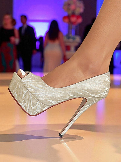 Silver Pattern Women's Heels Platform Subtle with Peep-Toe FashionChic