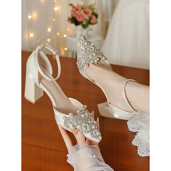 Embellished Women's Block Wedding and Rhinestone Pearl Heel FashionChic